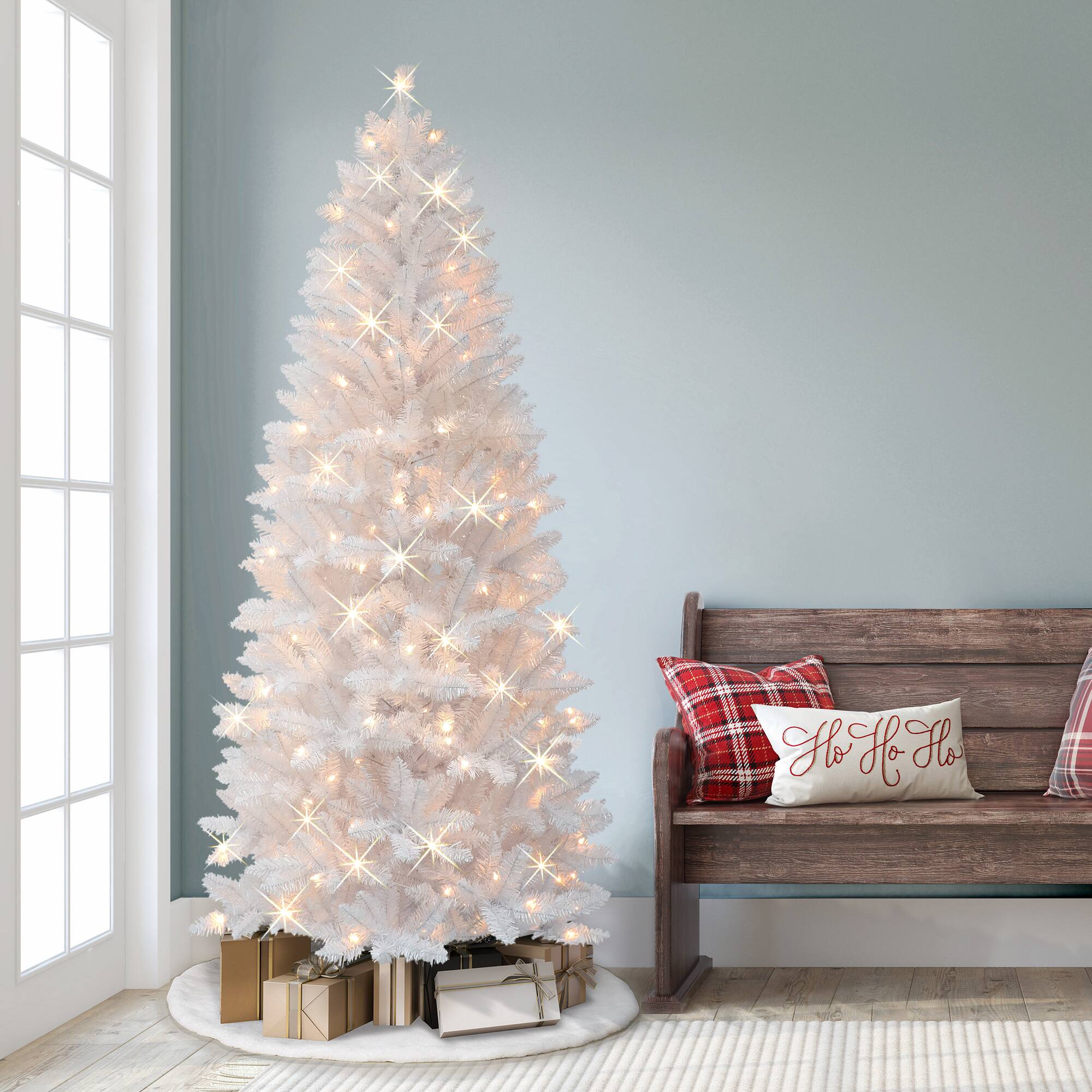 7ft. Pre-Lit White Carson Artificial Pine Christmas Tree, Clear Lights